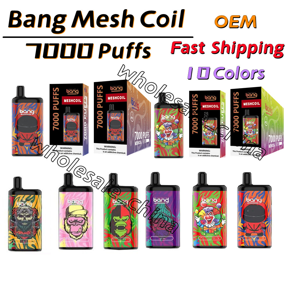 

Bang Mesh Coil 7000 Bar Hits E cigarettes Puffs Disposable Vape Pen 12ml Refillable Vapor Pod 850mAh Rechargeable Battery 5% DRAW-Activated Firing Mechanism OEM Vapes