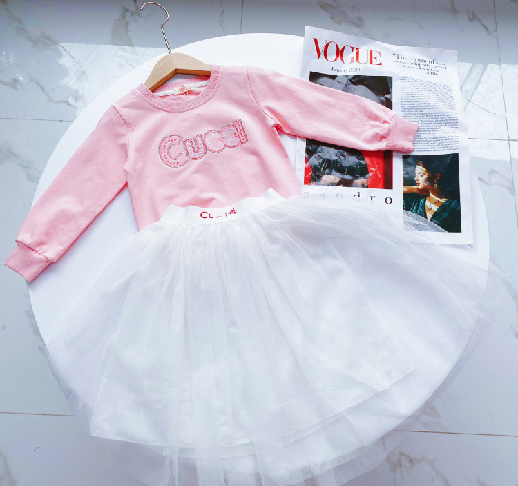 

Kids Baby Girls Clothing Sets Autumn Full Sleeve Print Tops T-shirts Mesh Solid Skirts Children Princess Clothes Set 2pcs 3-7Y, Black