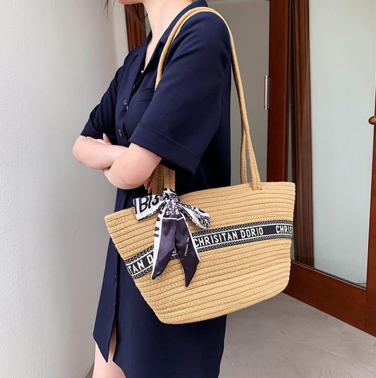

Large Capacity Bags Handbag One Shoulder Silk Scarf Design Woven Tote Women's Bag, Khaki