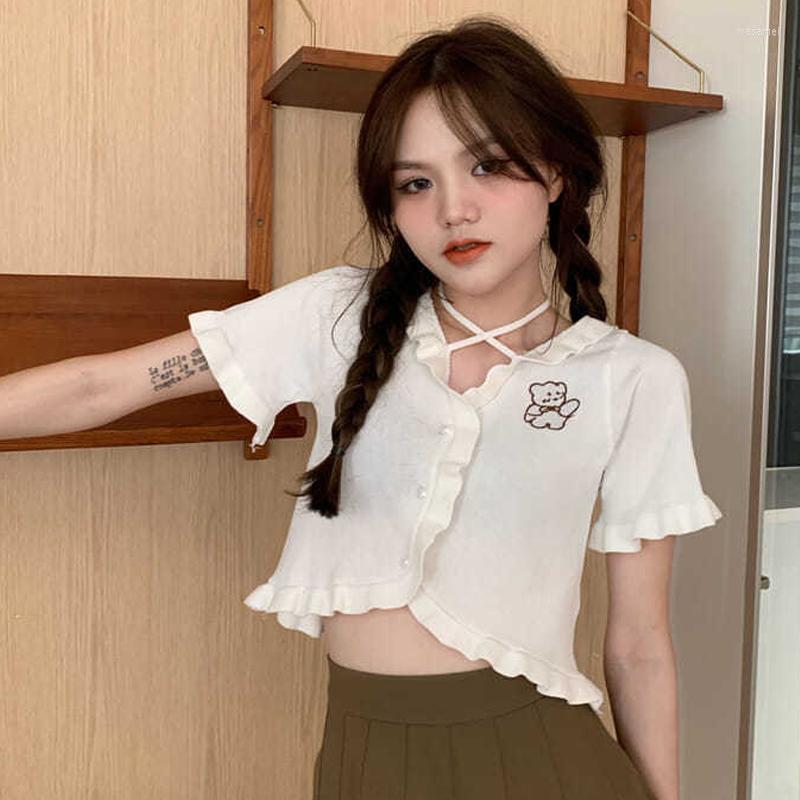 

Women's Blouses Summer One Piece Kawaii Lolita Knitting Sweet Halter Collar Ruffle Tops Japanese Cute Girl Sweater Baby Doll Women Shirt, Black