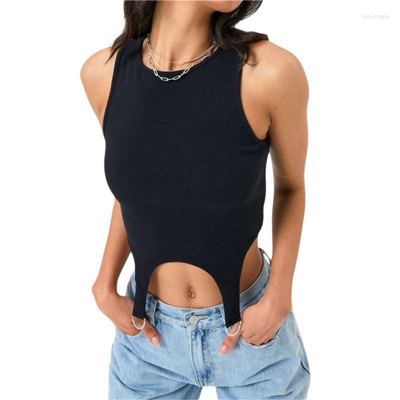 

Women' Tanks Women' Sexy Round Neck Vest Tops Summer Sleeveless Solid Color Skinny Fit Tank Crop Bottom Buckles Camisole Clubwear, Black