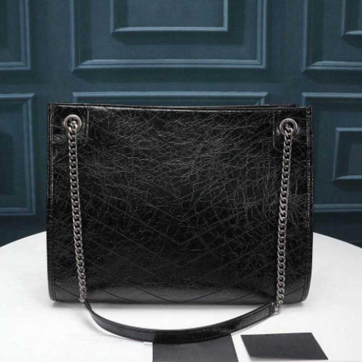 

5A high quality Medium Shopping Bag Crinkled Vintage Calfskin made of corrugated oil and wax leather Shoulder Bag Black wrinkled smooth waxed veal ski