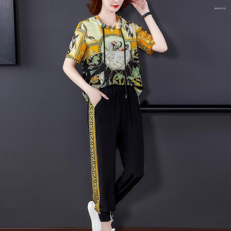 

Women's Tracksuits Sets For Women Summer 2022 Fashion Casual Two-piece Set Female Short Sleeve Top Hooded Cropped Pants Suit Spring Elegant, Yellow