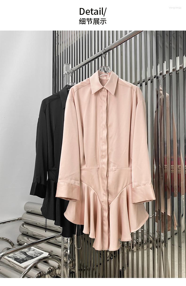 

Women' T Shirts 22 Early Autumn Niche Fashion Irregular Lotus Leaf Hem Stitching Hidden Single-breasted Long-sleeved Dress, Black