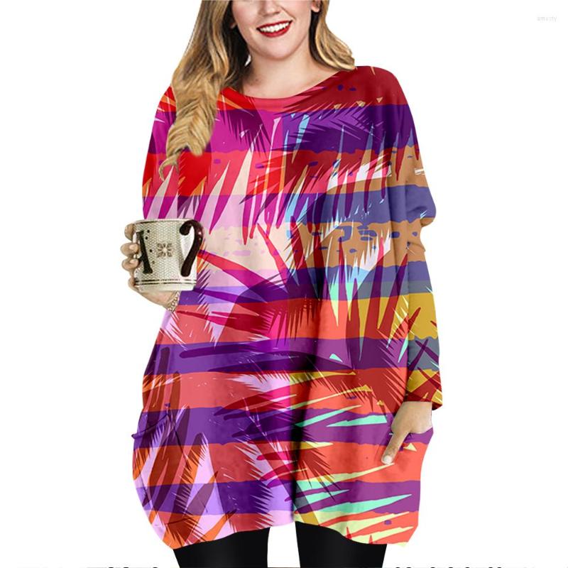 

Women's T Shirts Spring Fall Women Mini Dresses Loose O-neck Long Sleeve T-shirt Palm Tree Printing Dress Ladies Tops, Xy02577x09-a338