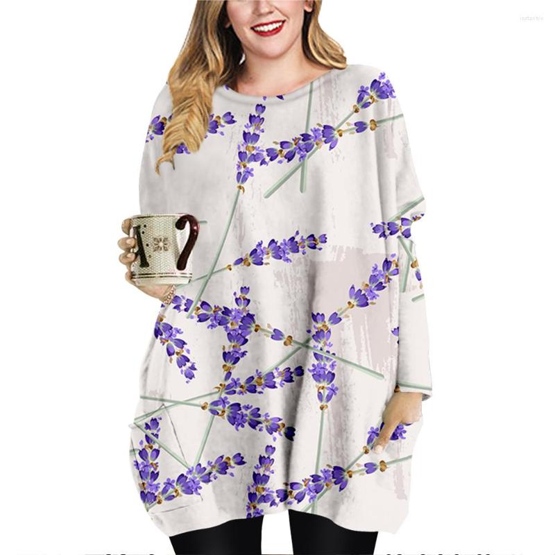 

Women's T Shirts Spring Fall Women Mini Dresses Loose O-neck Long Sleeve T-shirt Lavender Printing Dress Ladies Tops, Xy01435x08-a338