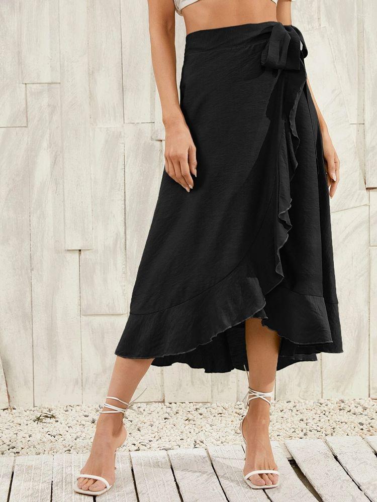 

Skirts HAOYUAN Summer Lace Up Chiffon Wrap Skirt Women Sexy Solid Color 2022 Fashion High Waist One Piece Irregular Long Maxi, Beige