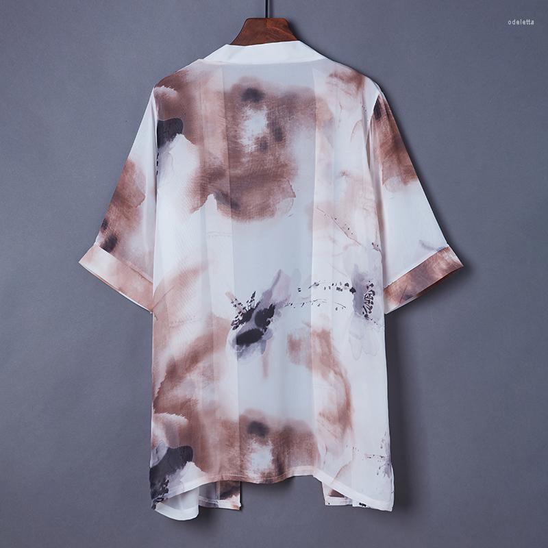 

Men's Jackets #5017 Chiffon Kimono Jacket Men Black White Vintage Floral Print Cardigan Coat Short Sleeve Thin Loose Retro Plus Size