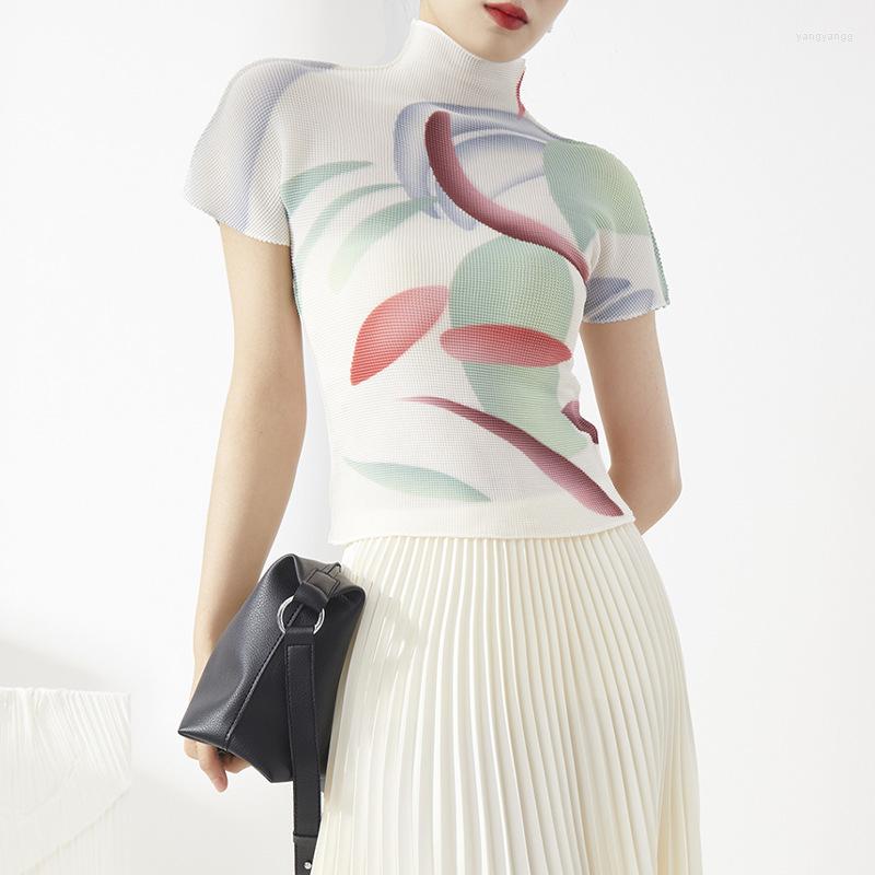 

Women's T Shirts Miyake Pleated Short-sleeved T-shirt Women's Summer Temperament High-neck Print Slim Fit Stretchy And Versatile, Picture color