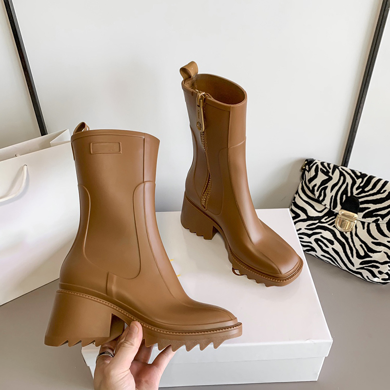 

Half Rain Boots Designer Women Chunky Heels Knight Booties Fashion Square Toe Soft Leather Waterproof Outdoor Winter Luxurious Shoe, 1#