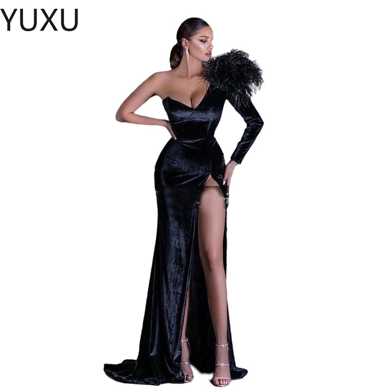 

2022 mermaid Evening Dresses Wear Illusion Crystal Beading one shoulder High Side Split Floor Length black Party Dress Prom Gowns