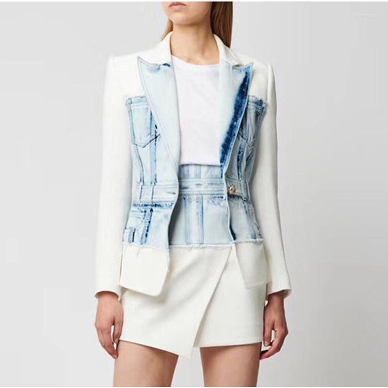 

Women' Suits HIGH QUALITY Denim Jacket Blazer Female Personality Design Coat Casual Single Button White Stitching Women Suit, Picture shown