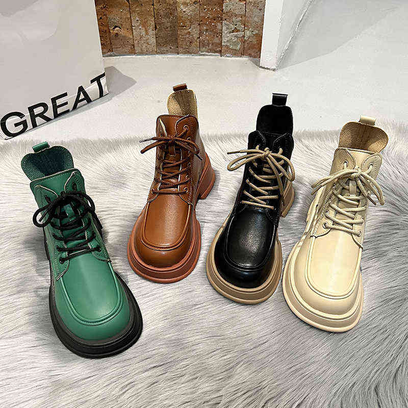 

Boots Genuine Leather Marten Boots for Women Ladies Ankle Platform Lining Female Booties Shoes Woman Casual Chunky T220915
