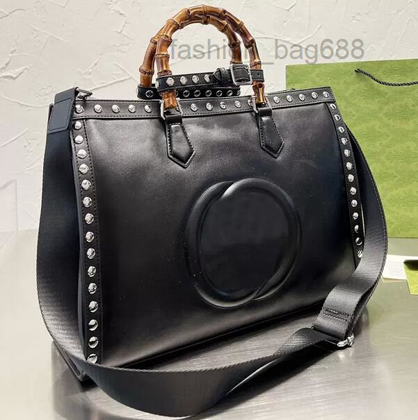 

Evening Bags Black Bamboo Handbags Women Diana Shoulder Bag Rivet Removable Strap Letters Large Capacity Pocket Tote Shopping Bags
