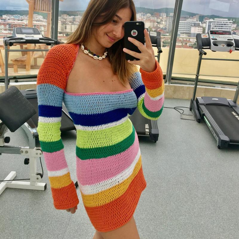 

Women' Swimwear 2022 High Quality Women' Beach Dresses Long Sleeve Stripe Print Contrast Color Square Neck A-Line Mini Dress, Multi