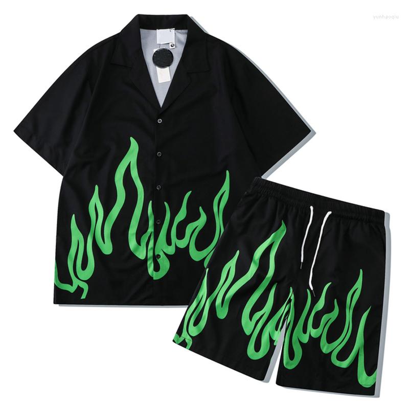 

Men' Tracksuits Mens Shorts Beach Set Green Flame Print Loose Hawaiian Shirts And 2 Piece Summer Male Casual On Vacation Outfit Sets, Short