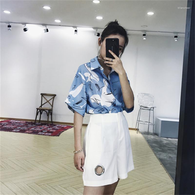 

Women's Blouses Women Fashion Summer Chic Shirts Short Sleeve Retro Printed Blouse Vintage Casual Loose Oversized Tops, Blue