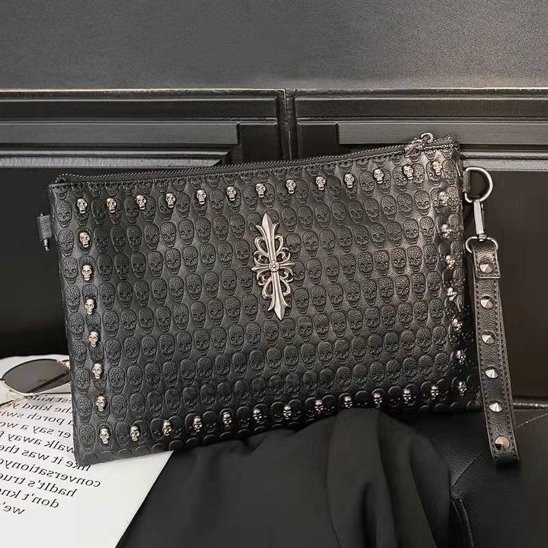 

luxury bag Designer shoulder bags Luxury Messenger bag for men Fashion soft leather Satchel clutch bag metal skull Punk Elements large, Black