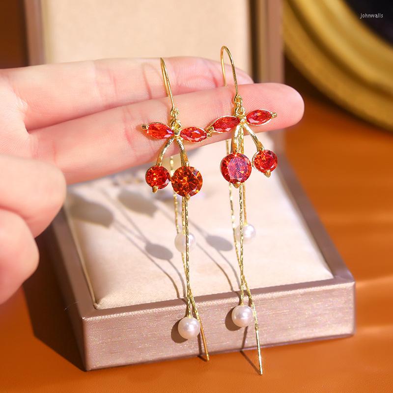 

Dangle Earrings Exquisite Cherry Red Crystal For Women Girls Sweet Cute Long Tassel Pearl Korean Fashion Jewelry 2022