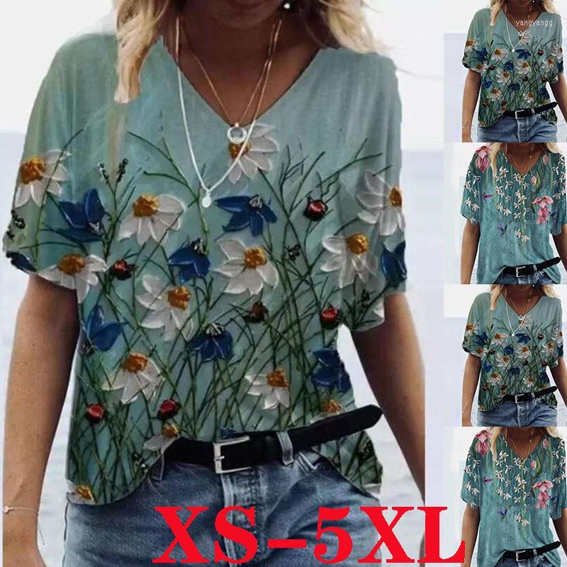 

Women's T Shirts Women's Casual Loose Printed T-shirt Collar Shirt Short-sleeved Summer V-neck -9XL, Green