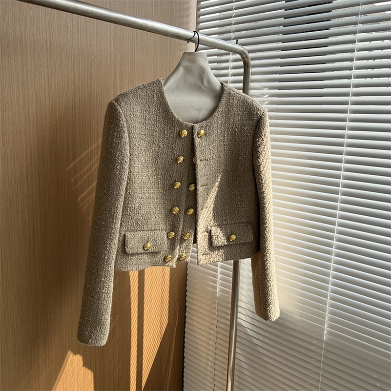 

Women's Wool Blends Runway Tweed Fashion Women's Small Fragrance Gold Double Breasted Wool Coat Brand Luxury Woolen Jacket Casaco Outwear Top 220916, Picture color