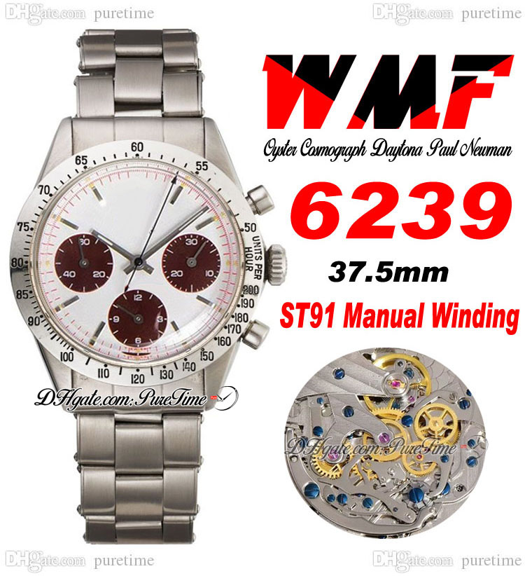 

Paul Newman ST91 Manual Winding Chronograph Mens Watch 6239 WMF 1967 Rare Vintage White Dial Red Subdial OysterSteel Bracelet Super Edition Puretime D4, Customized enhanced waterproofing servic