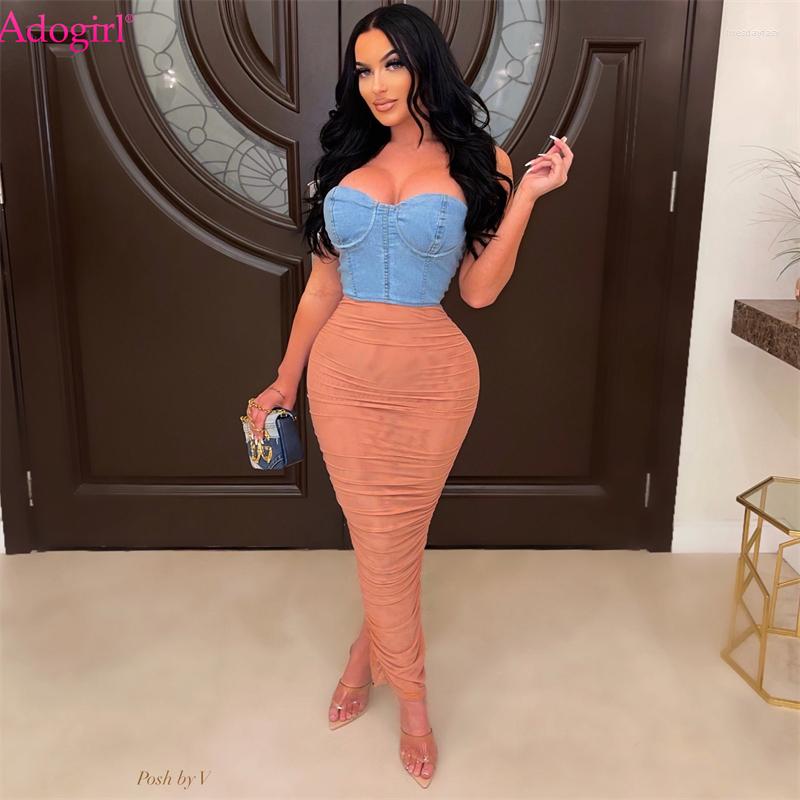 

Casual Dresses Adogirl Ruched Mesh Patchwork Corset Jeans Dress Women Sexy Strapless Denim Top Split Bodycon Midi Clubwear, Pink