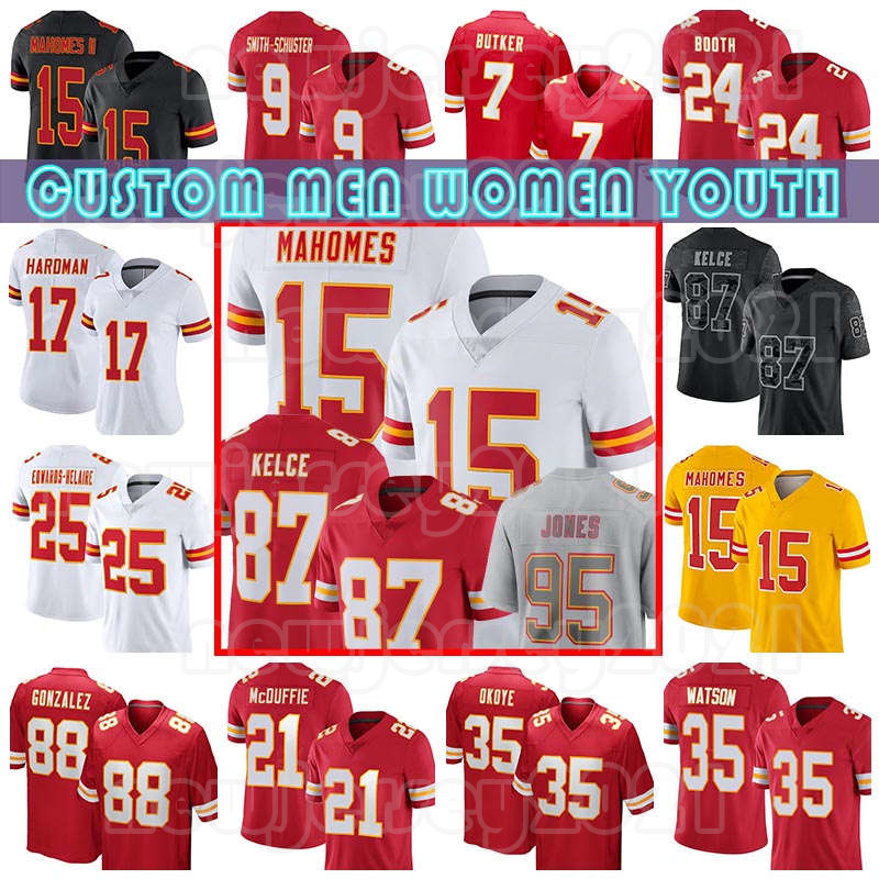 

15 Patrick Mahomes Travis Kelce Chris Jones Football Jerseys JuJu Smith-Schuster Jaylen Watson Mecole Hardman Clyde Edwards-Helaire Harrison Butker Creed Humphrey, Custom men (q z)
