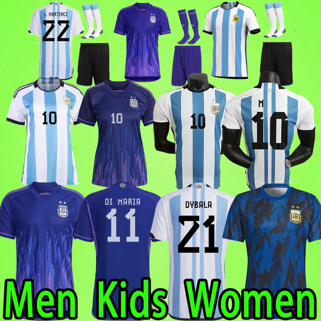2022 Coupe du monde Hommes femmes Kit Kit Argentine Soccer Jersey Dybala Higuain Icardi Messis 2023 Camisetade Futbol Di Maria Football Shirt 22