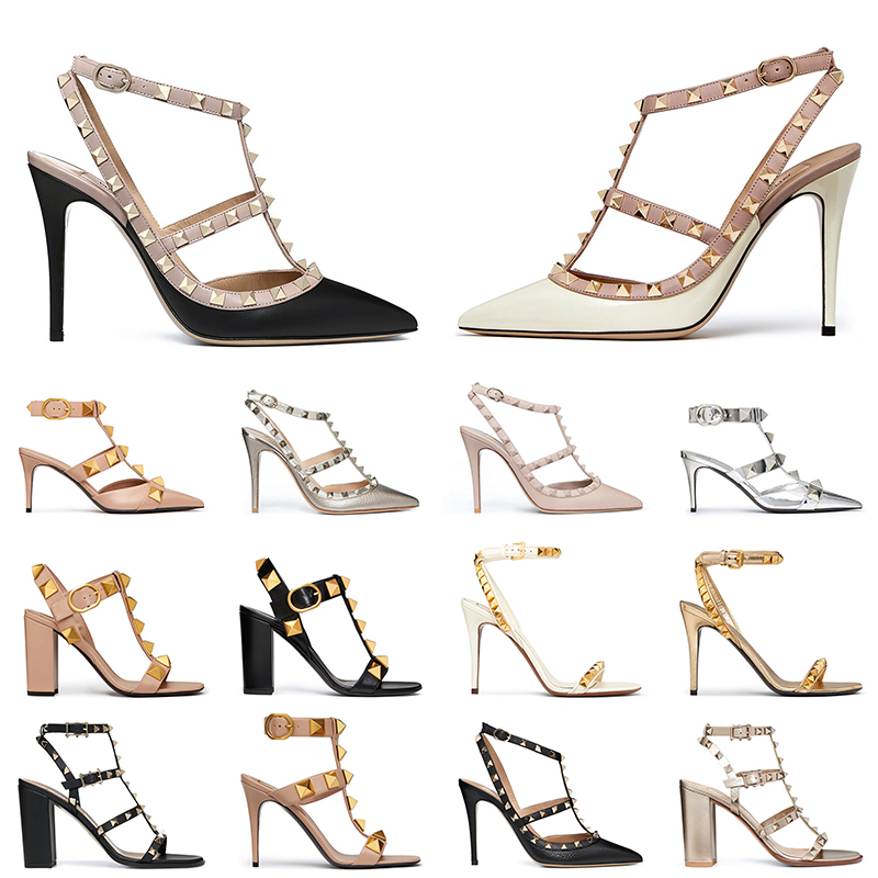 Dress Shoes Peep-Toes Sandals Lady Matte Rivets Pumps Leather Rivets Pointed Toe Sexy Stiletto Heel Luxurys Sunmmer Patent