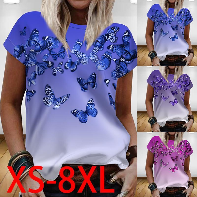 

Women's T Shirts Summer Ladies Loose Casual Printed Gradient Butterfly T-shirt Plus Size -9XL, Blue