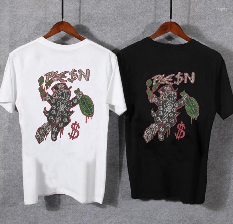 

Men's T Shirts Rhinestone Top Tees Mens Oversize Brand Designer Streetwear Cotton Tshirts Front And Back, As shown