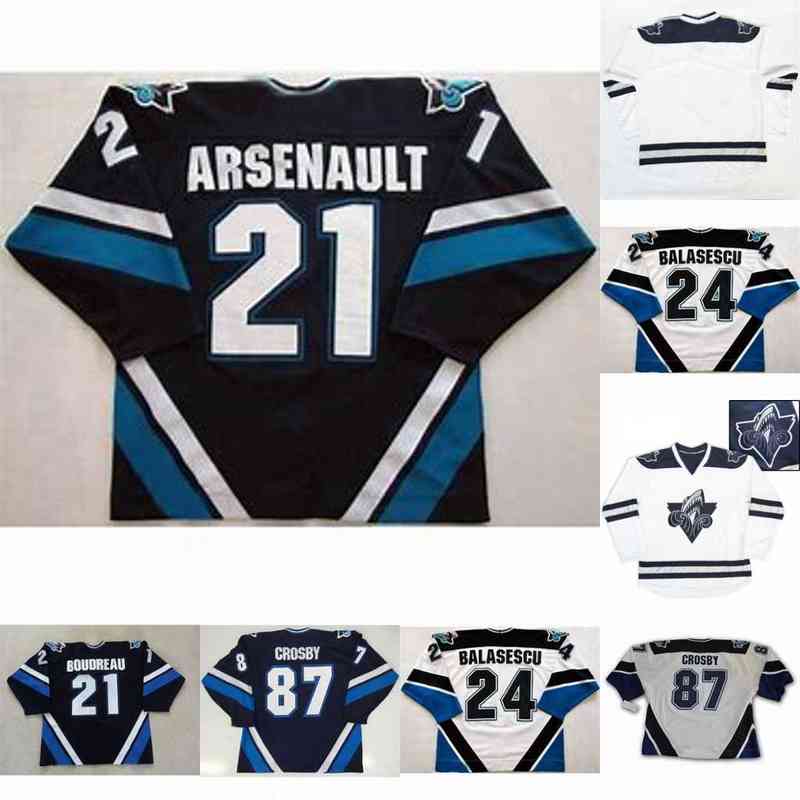

College Hockey Wears Rimouski Oceanic 87 Sidney Crosby 24 Gabriel Balasescu 21 Benoit Arsenault Mens Womens Youth cusotm any name any number Hockey Jersey, 87 sidney crosby blue