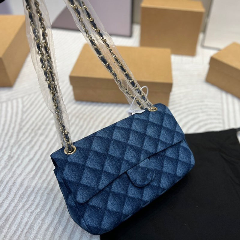 

Women Denim Classic Flap Shoulder Bag Plaid Print Quilted Double Chain Luxury Designer Messenger Large Capacity Cosmetic Trend Multi Pochette Handbag Fanny Pack, Blue