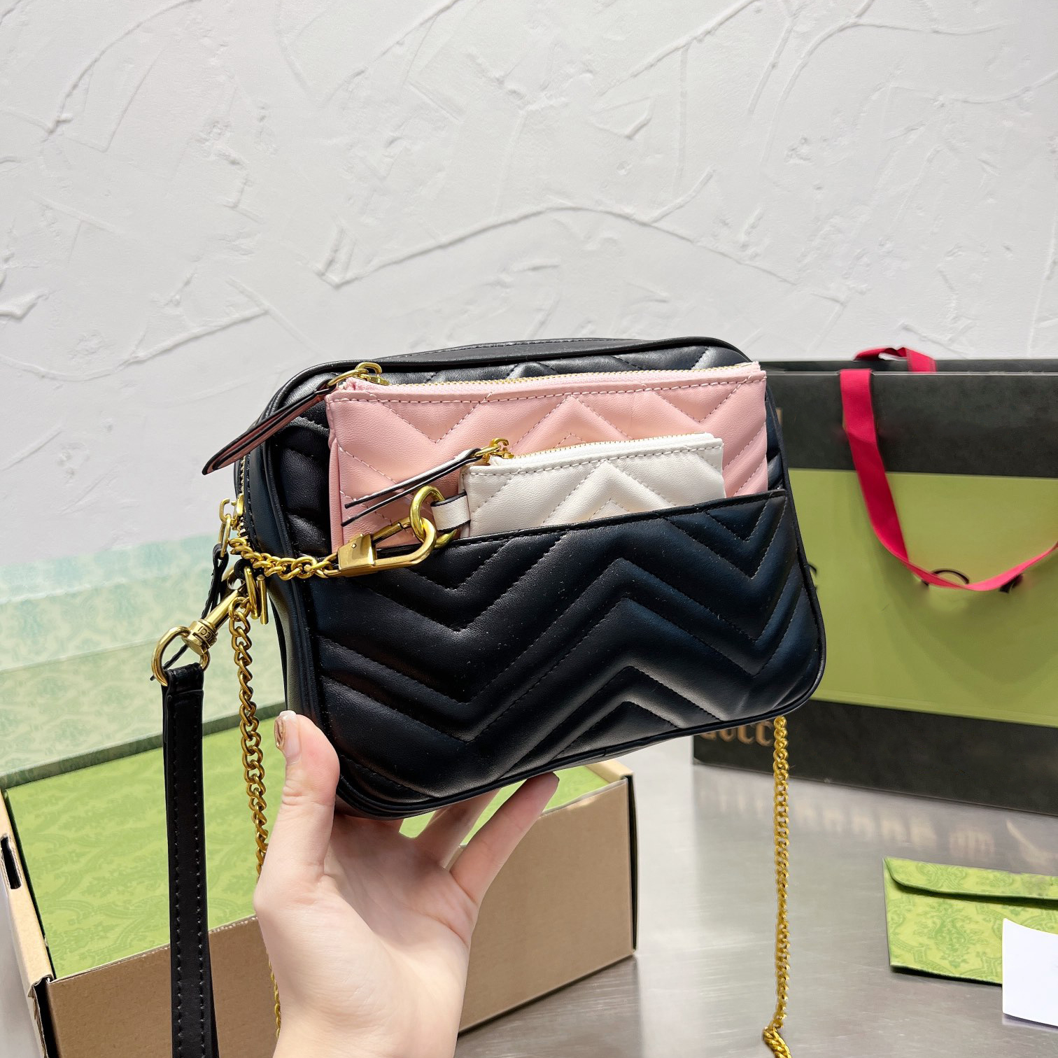 

3PCS set Luxury Desgner Womens bags Leather Bag Calfskin Gold Metal Hardware Matelasse Chain Crossbody Shoulder Pochette Saoche Handbags, Black