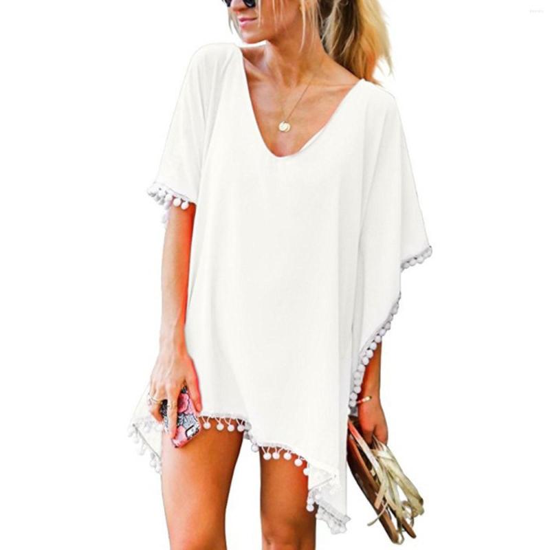 

Women's Swimwear Chiffon Tassels Beach Dress Summer Bikini Cover Up Women Swimsuit Cover-up Bathing Suits Solid Pareo Ups 2022, White