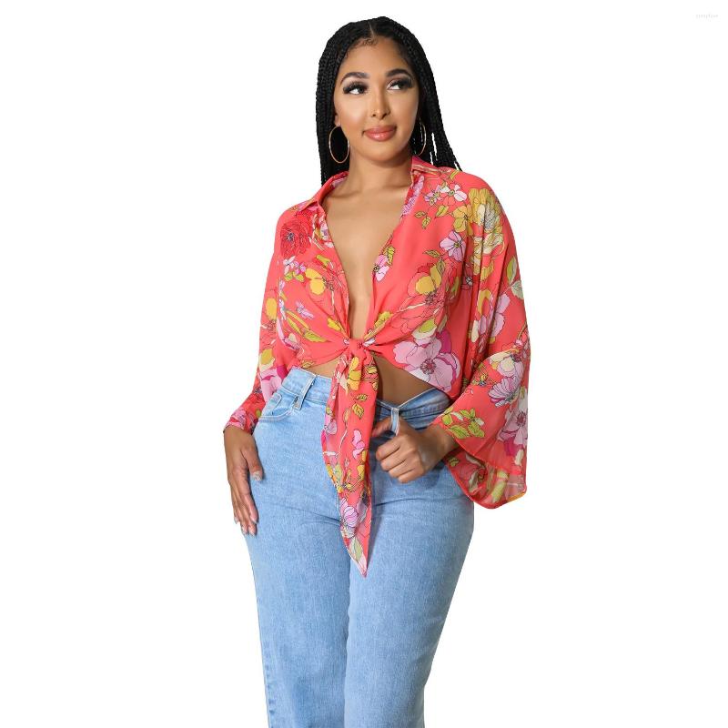 

Women' Blouses 2022 Luxury Designer Young Sexy Chiffon Bandage Short Style Full Sleeve Shirt Nature Women Slim, Green