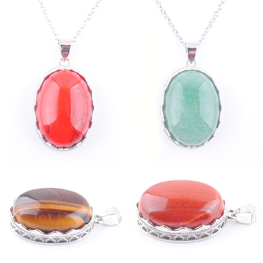 Natural Gem Stone Egg-Shape Necklaces Pendants Tiger Eye Lapis Lazuli Clear Crystal Opal Reiki Healing Jewellery Gift BN329-image-803172790