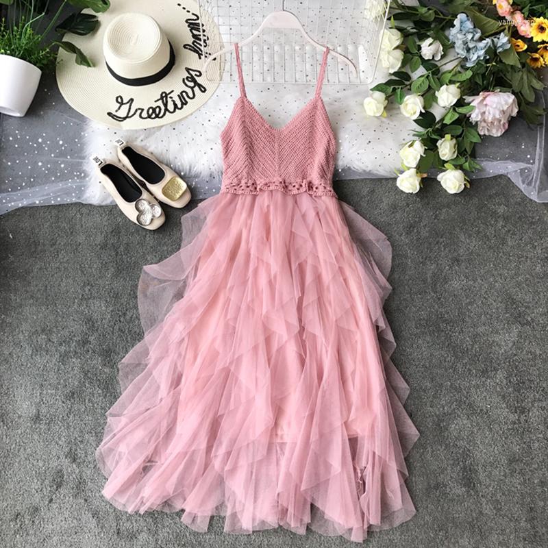 

Casual Dresses Multicolor Sexy Sling Strap Tube Top Mesh For Women 2022 Summer V-neck Knitted Splicing Puff Cake Suspenders Dress Woman, Yellow
