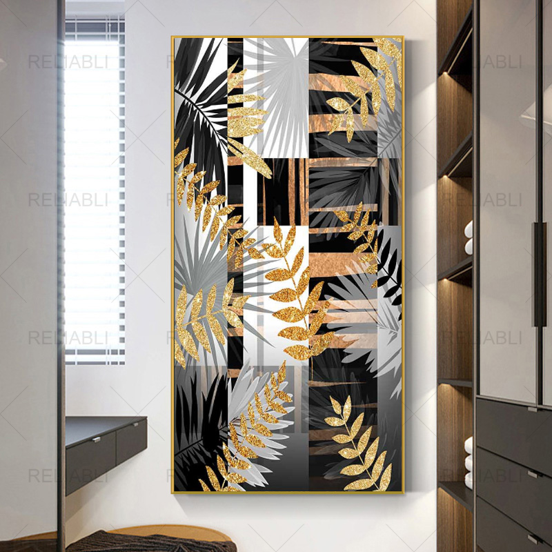 

Nordic Black and Golden Leaves Plant Poster Canvas Painting Interior Porch Decorative Pictures Modern Abstract Gold Wall Prints