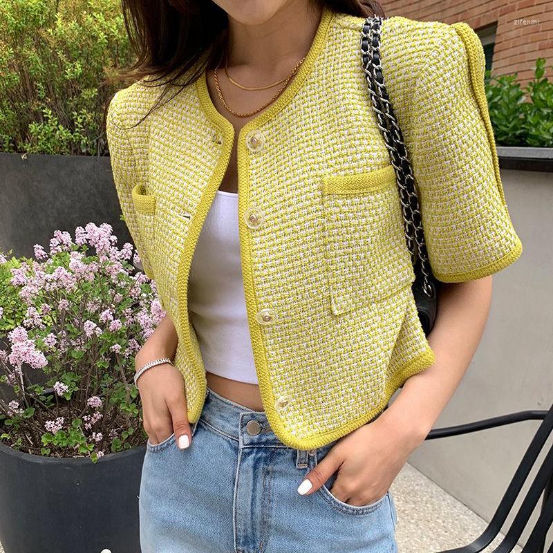 

Women's Jackets Korean Style Chic O Neck Short Sleeve Woman Coats Summer 2022 Color Contrast Vintage Casual Women All Match Tops, Light blue