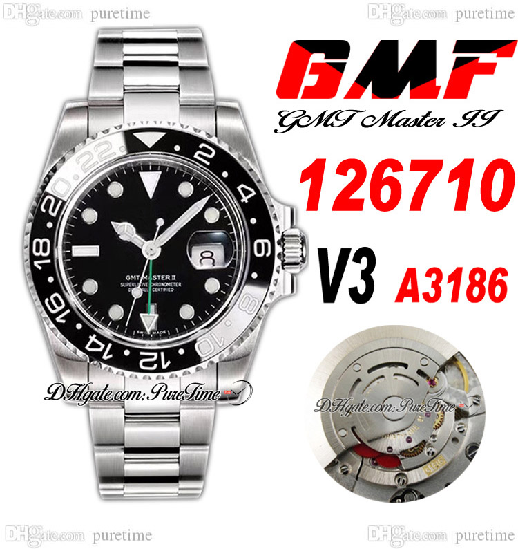 

GMF GMT II A3186 Automatic Mens Watch V3 40mm 126710 Ceramic Bezel Black Dial Green Hands 904L OysterSteel Bracelet Super Edition Same Series Card Puretime A1