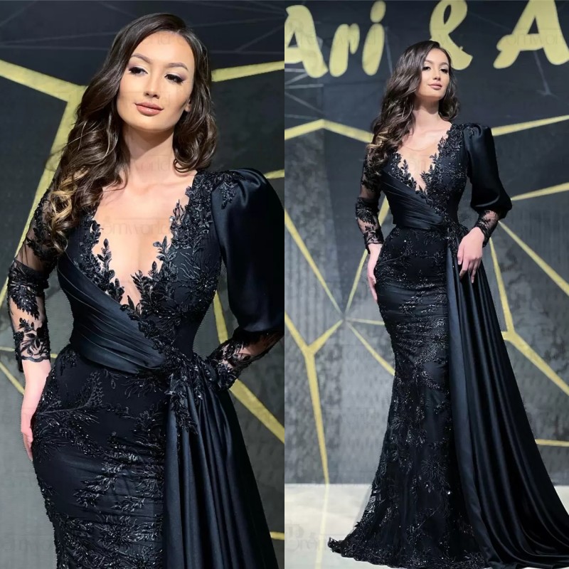 

2023 Black Lace Prom Dresses Engagement Formal Dress Dubai Arabic Long Sleeves Mermaid Evening Gown GB0916, Daffodil