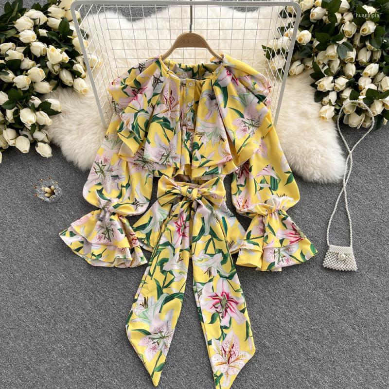 

Women's Blouses Ruffles Shirts Women Lantern Sleeve Pink Flower Woman Long Yellow Floral Tops Ladies
