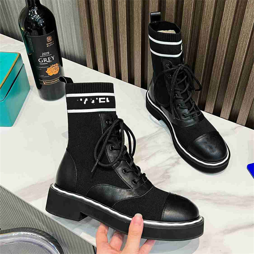 

Casual Boots Channel Fashion Men's Women's Autumn and Winter Leather Letter Sock Boots 2-9