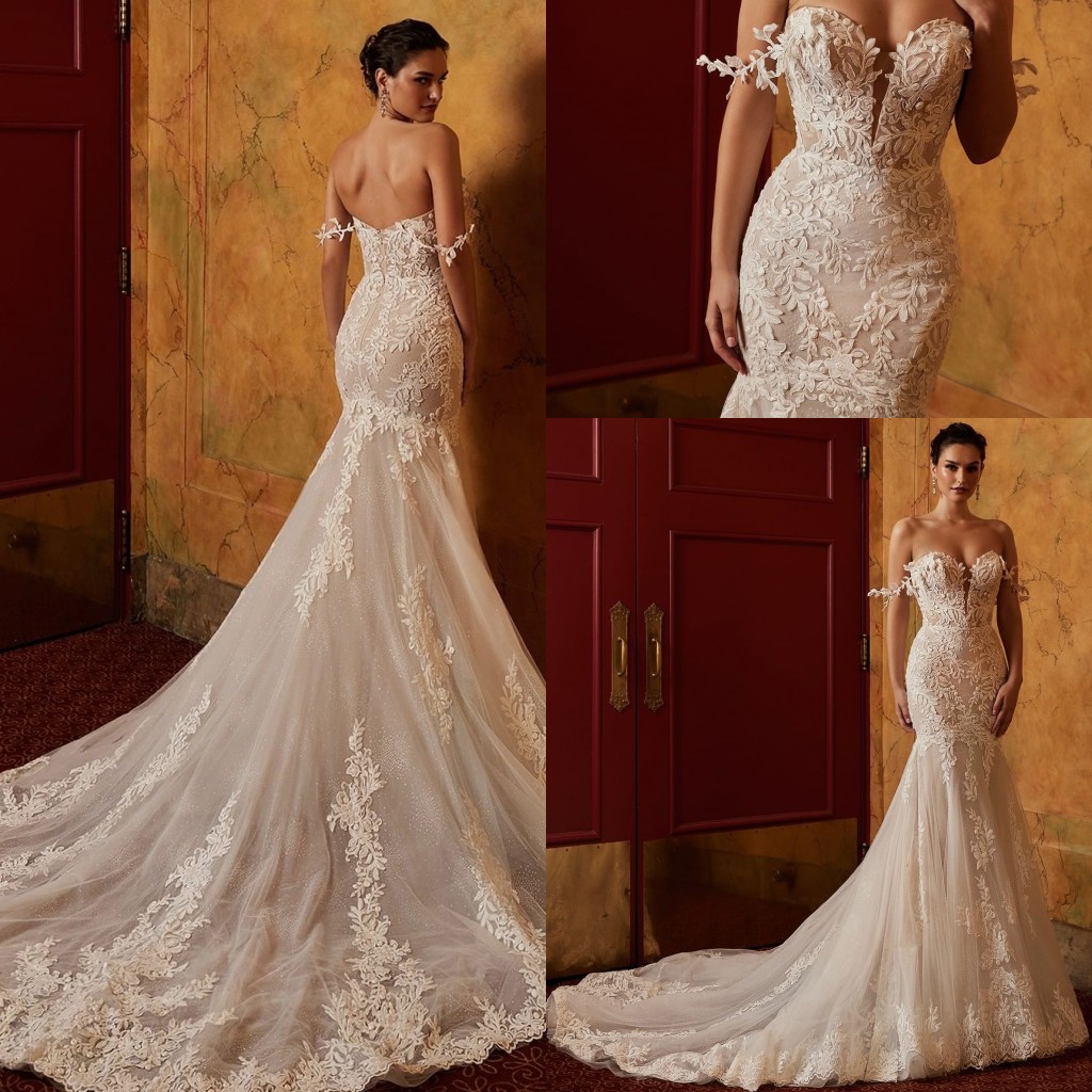 Robes de mariée sirène en dentelle, épaules dénudées, élégantes, en Tulle scintillant, avec des appliques perlées, avec traîne de balayage, robes