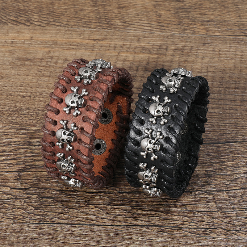 

Punk Knit Skull Bracelets Leather Bangle Cuff Button Adjustable Multilayer Wrap Bracelet Wristand for men women will and sandy Fashion jewelry