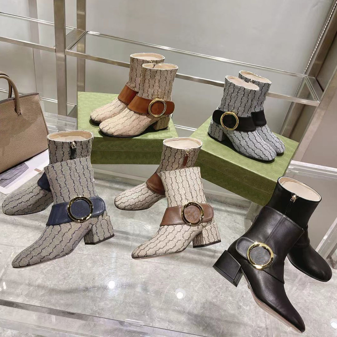 

2022 Designer Women Blondie Ankle Boots Luxury Winter Over-the-knee Boot Blonde Leather Trim Low Heel Black, Box