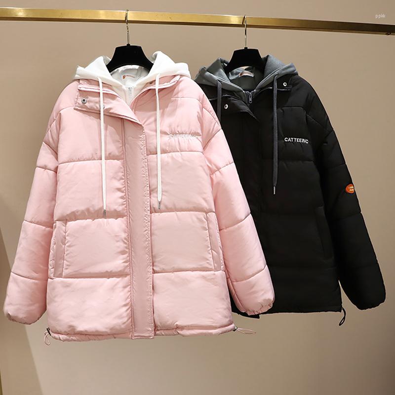 

Women's Trench Coats Winter Warm Simple Elegant Cotton Women Loose Casual Parkas Thick Black Print Letter Puffer Jacket Korean Fashion