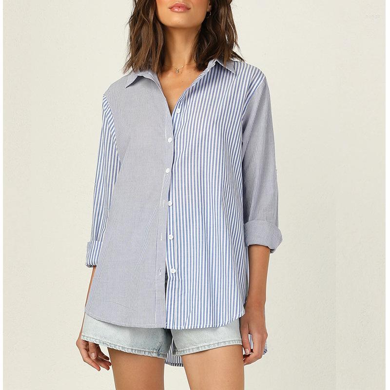 

Women' Blouses Blue Stripe Patchwork Blouse 2022 Spring Women Fashion Turn-down Collar Long Sleeve Irregular Shirt Female Casual Loose Top